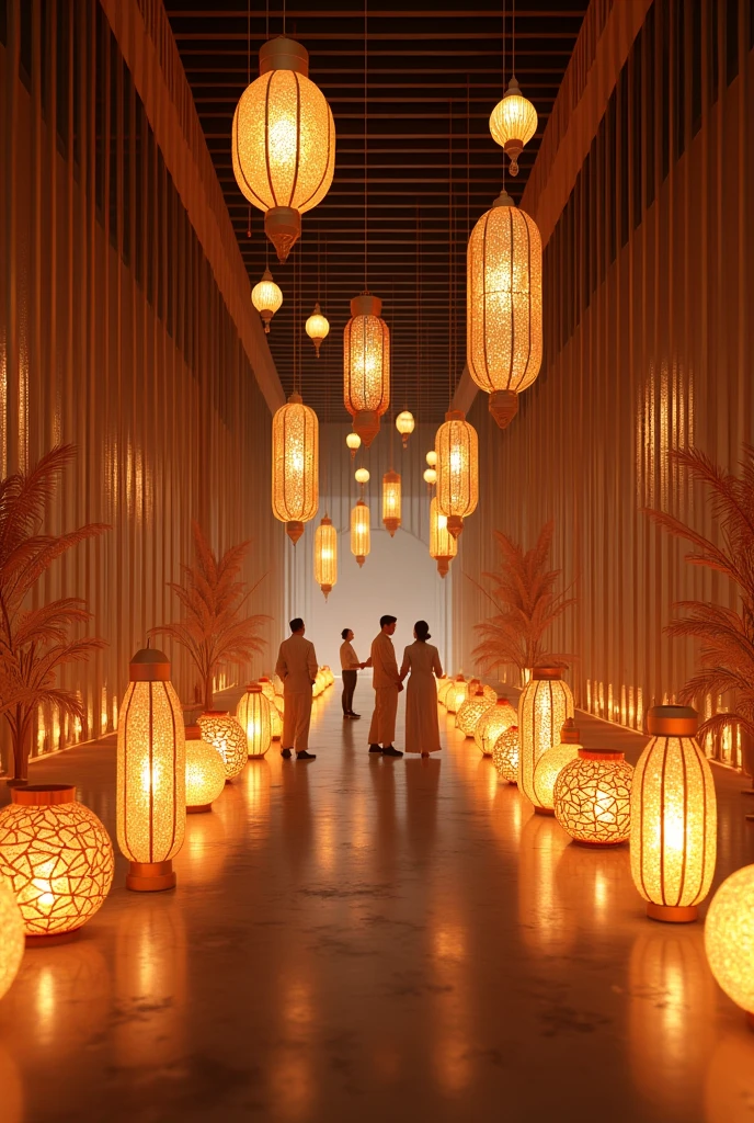 wide angle of a contemporaty art exhibition place where showcasing the art of making traditional lantern in Hoi An, Vietnam, modern interior design, hyper realistic, cinematic look --ar 16:9