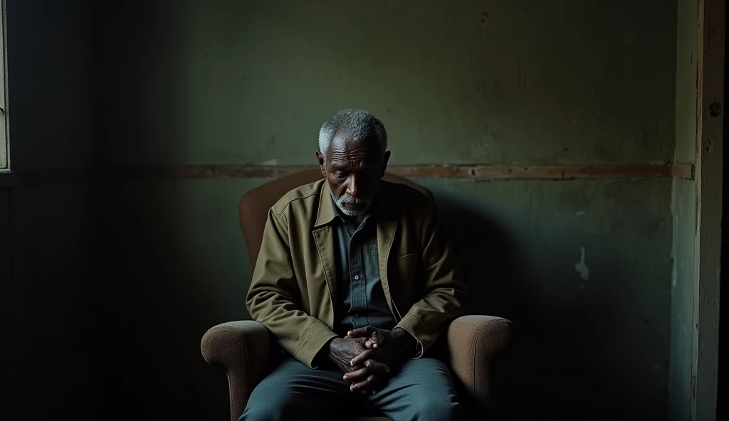 An old BLACK man from Africa is depressed, worried and stress filled sitting in the sitting room alone