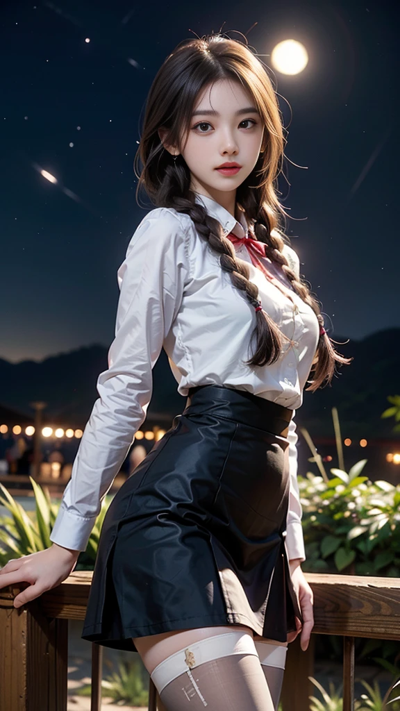 ulzzang-6500-v1.1, (RAW photo: 1.2), (Real photo), (Real photo: 1.4), 1 girl、Perfect anatomy、19 years old、Looking at the camera、Medium length hair、side braids, uniform short white skirt, in a surreal royal garden, under the starry night sky, ((starry night: 1.1))、(Surreal tights: 1.2), (Business service)、Asian eyes Ella,