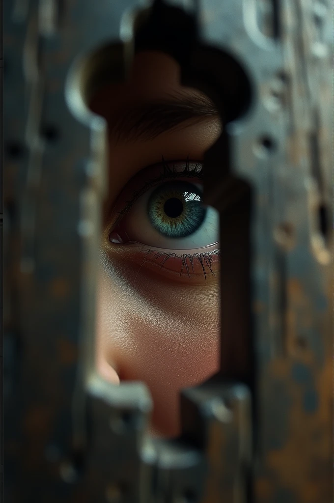 Eye peering through a keyhole