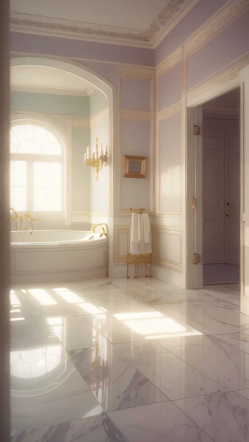 a white dreamy house, bathroom, retro, foggy, soft focus, year of 1995, cool lighting, muted pastel colors, glowing atmosphere, dramatic, cinematic composition, dream-like quality, ethereal, romantic, soft focus photography, golden hour, windy, marble, golden and mirrors, hazy, thick fogs