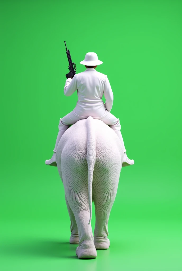 Rear viewed, A white dress soldier sitting on a white elephant and carrying a handed gun. Plain full green screen background