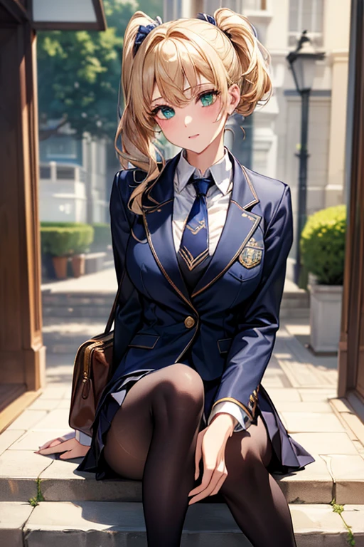 ((Highest quality)),(超High resolution),(Very detailed),(Detailed Description),((The best CG)),(masterpiece),Ultra-detailed art、(Highest quality、8k、32K、masterpiece)、(Realistic)、(Realistic:1.2)、(High resolution)、Very detailed、Very beautiful face and eyes、1 female、((:1.3))、Tight waist、Delicate body、Big Breasts、(Highest quality、Attention to detail、Rich skin detail)、(Highest quality、8k、Oil paints:1.2)、Very detailed、(Realistic、Realistic:1.37)、Bright colors、((Blonde、Side Ponytail:1.3、Emerald green eyes、Big Breasts))、Gal Makeup、Outdoor Background、(custom school uniforms、A cleavage-enhancing white blouse with navy blue accents:1.6、Gold Button、Navy blue pleated mini skirt with white trim:1.3、Knee-length、Navy blue ribbon tie、white ankle socks、Black leather loafers、Navy blue blazer with gold school emblem on breast pocket)、Matching navy blue school bag with gold trim