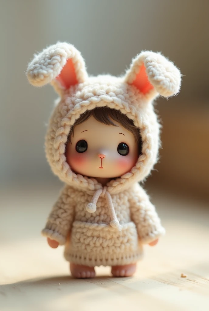 The miniature one is wearing a hoodie with rabbit ears。