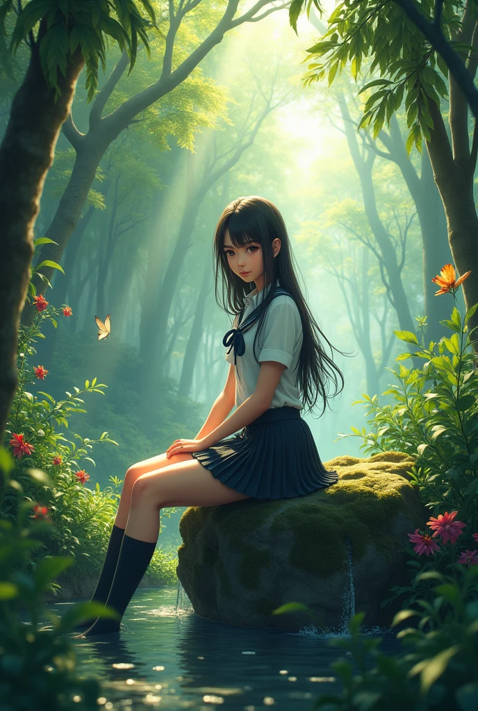 A pretty girl with nice figure in school uniform, sit on a rock in the jungle