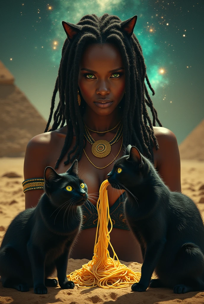 A full body black woman, sexly, egyptian, with dreadlocks in her hair, greeneyes, with two black cats beside, one of the cats eating a piece of spaghetti pasta and in the background of the image in Egypt with Universe visible in the sky.