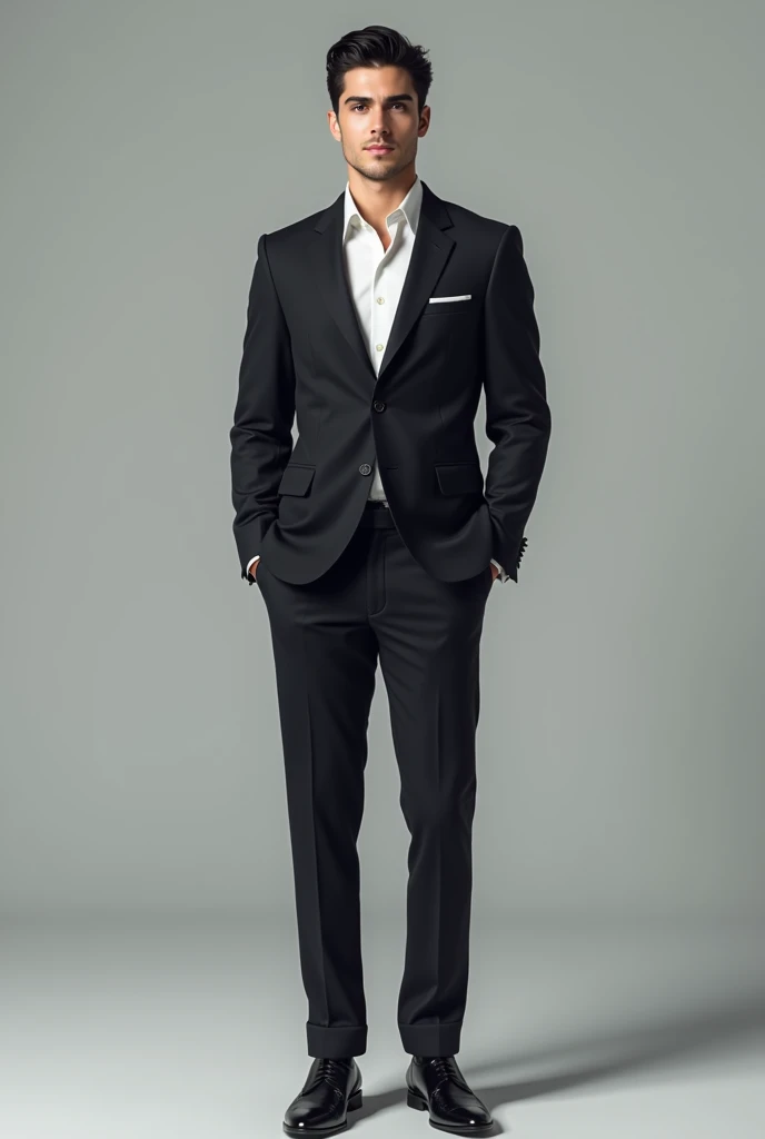 A 24 year old guy with black hair , a lean muscle build, 6 ft tall, a sharp jawline, rose fair skin wearing a suit