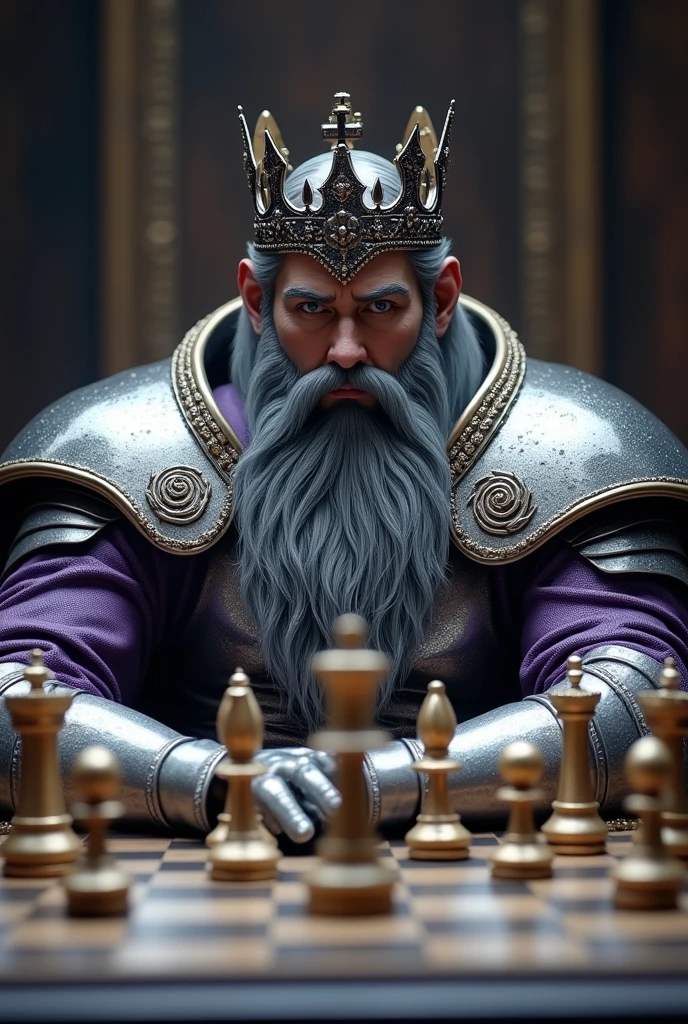 king made of silver and strong steel bearded with crown sitting in front of a chessboard showing the entire table, showing respect with purple details on his armor seen from the front camera away