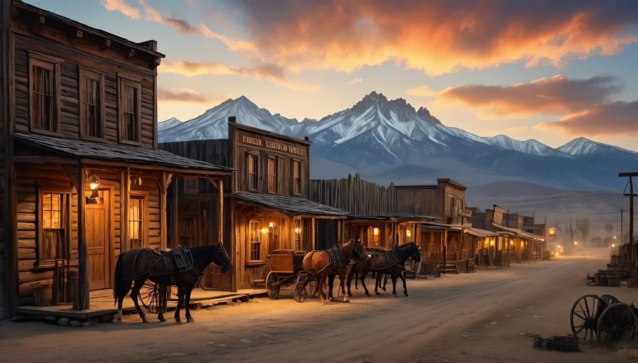 An old wild west town in 1830s America, wooden saloons, horse carriages, lawless atmosphere, a sheriff's office, a row of small cabins, a saloon with swinging doors, flickering oil lamps, mountains background, horses tied to hitching posts, a poker game in progress, a wanted poster on a wall, rough and rugged men with scruffy beards and worn-out clothing, a gallows in the center of town, tumbleweeds blowing in the wind (best quality,4k,8k,highres,masterpiece:1.2), ultra-detailed, (realistic, photorealistic), warm sunlight casting long shadows, buxom maiden with the blue and red silk low cut dress.