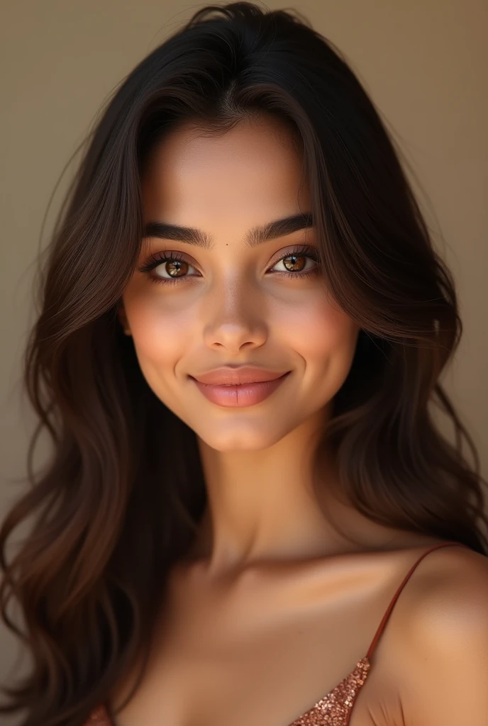 Create an image of a cute and beautiful Indian female influencer, around 18 years has an fair face with a slightly pointed chin. Her face is symmetrical and well-proportioned.Skin Tone: She has a warm, light-to-medium skin tone with a natural glow.Eyes: Her eyes are almond-shaped, medium in size, with thick, well-defined eyebrows. The color of her eyes is dark brown, often with a soft, expressive look.Nose: She has a straight and narrow nose that is neither too prominent nor too small, fitting well with her overall facial structure.Lips: Her lips are full, with a naturally defined Cupid’s bow. She often has a subtle smile, which adds to her youthful and approachable appearance.Hair: She typically has long, wavy, or straight hair. Her hair color is dark brown, usually styled in a way that frames her face softly. With long legs and perfect body figure and she 1.7 metres long 