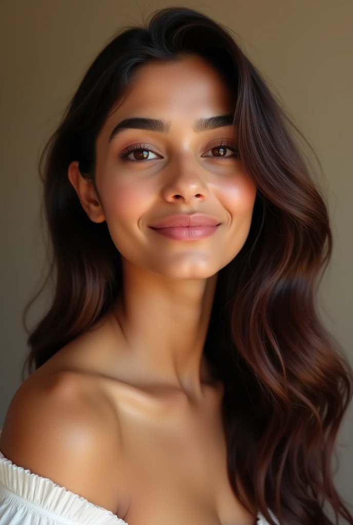 Create an image of a cute and beautiful Indian female influencer, around 18 years has an fair face with a slightly pointed chin. Her face is symmetrical and well-proportioned.Skin Tone: She has a warm, light-to-medium skin tone with a natural glow.Eyes: Her eyes are almond-shaped, medium in size, with thick, well-defined eyebrows. The color of her eyes is dark brown, often with a soft, expressive look.Nose: She has a straight and narrow nose that is neither too prominent nor too small, fitting well with her overall facial structure.Lips: Her lips are full, with a naturally defined Cupid’s bow. She often has a subtle smile, which adds to her youthful and approachable appearance.Hair: She typically has long, wavy, or straight hair. Her hair color is dark brown, usually styled in a way that frames her face softly. With long legs and perfect body figure and she 1.7 metres long 