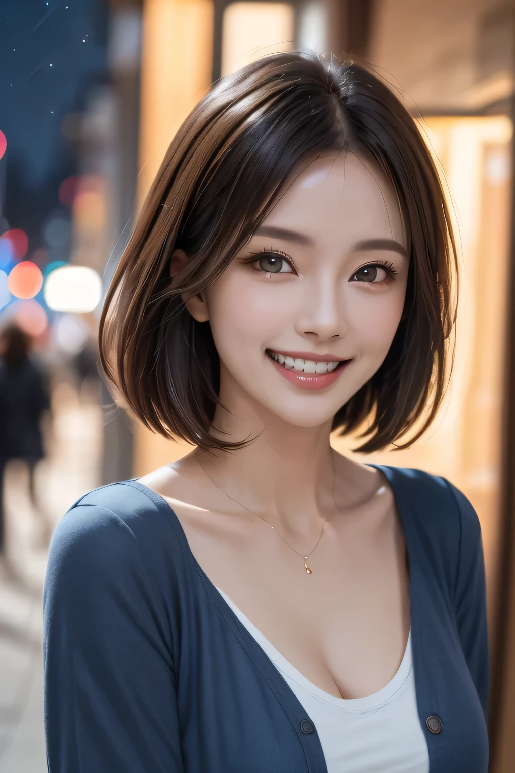 (highest quality, 8k, 32K, masterpiece), (Realistic), (Realistic:1.2), (High resolution), (night:1.7), Japan, cyber punk, 街の景Farbe, In front of the window,Wooden floor, Blue jacket, Grey Shirt, clavicle, jewelry, gem, Brunette Bob, 1 female, 45 years old, (Grin), Beautiful body, beautifulNose, beautifulcharacter design, Perfect Eyes, perfectface, Expressive eyes, View your audience, Center the image, (Cowboy Shot), Official Art, Very detailed CG Unity 8k wallpaper, Perfect lighting,Farbeful, bright_front_face_Lighting,Glowing Skin, (masterpiece:1.0),(Highest_quality:1.0), 超High resolution,4K,Very detailed, photograph, 8k, High resolution, High resolution, absurdes:1.2, Kodak Port 400, Film Grain, Blurred Background, bokeh:1.2, Lens flare, (Vibrant_Farbe:1.2) (beautiful,chest), (beautiful_face:1.5),(narrow_Waist)