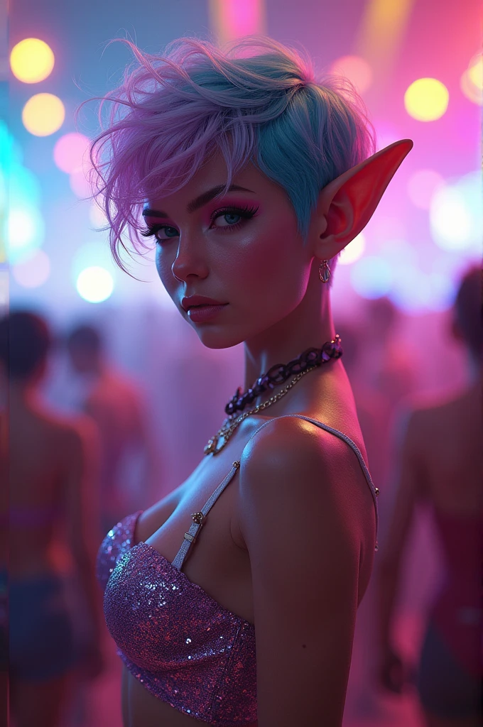 beautiful elf woman with short curly pastel rainbow Pixie haircut at a rave festival, backlit bright fluorescent neon colors, full body pinup, Unreal Engine