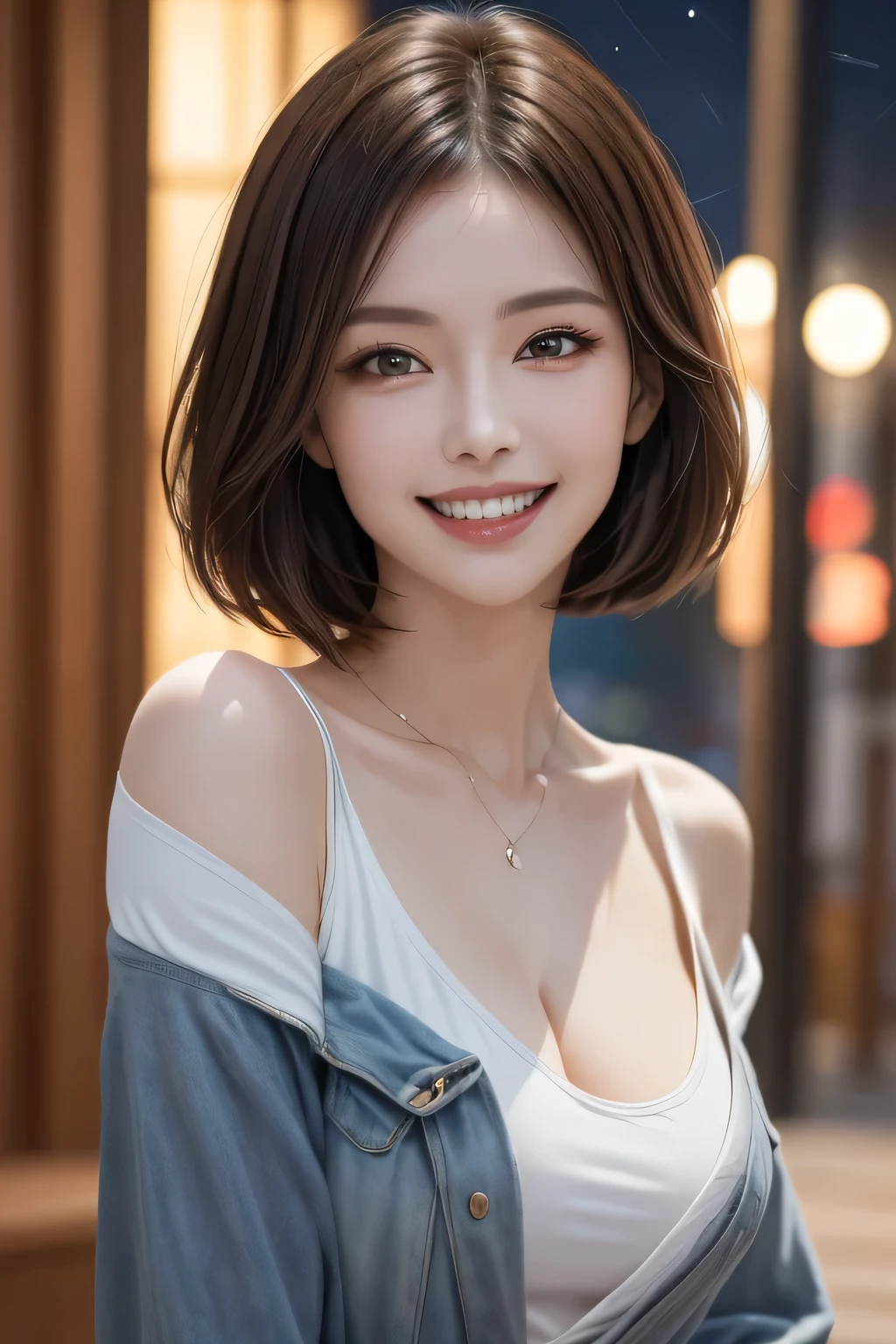 (highest quality, 8k, 32K, masterpiece), (Realistic), (Realistic:1.2), (High resolution), (night:1.7), Japan, cyber punk, 街の景Farbe, In front of the window,Wooden floor, Blue jacket, Grey Shirt, clavicle, jewelry, gem, Brunette Bob, 1 female, 45 years old, (Grin), Beautiful body, beautifulNose, beautifulcharacter design, Perfect Eyes, perfectface, Expressive eyes, View your audience, Center the image, (Cowboy Shot), Official Art, Very detailed CG Unity 8k wallpaper, Perfect lighting,Farbeful, bright_front_face_Lighting,Glowing Skin, (masterpiece:1.0),(Highest_quality:1.0), 超High resolution,4K,Very detailed, photograph, 8k, High resolution, High resolution, absurdes:1.2, Kodak Port 400, Film Grain, Blurred Background, bokeh:1.2, Lens flare, (Vibrant_Farbe:1.2) (beautiful,chest), (beautiful_face:1.5),(narrow_Waist)