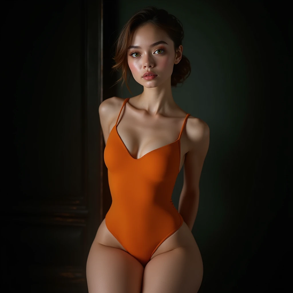 a beautiful 15 year old girl with pale skin, large green eyes, wearing an orange leotard, with large breasts, round buttocks, long legs, in a photo studio, black background, (best quality,4k,8k,highres,masterpiece:1.2),ultra-detailed,(realistic,photorealistic,photo-realistic:1.37),highly detailed face, extremely detailed eyes and face, beautiful detailed lips, long eyelashes, elegant posing, dramatic lighting, cinematic composition, vibrant colors, glowing skin, soft focus