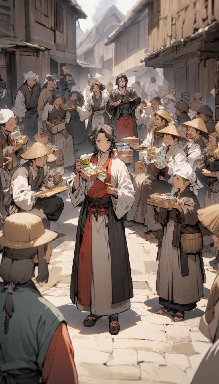 "An Edo-period street vendor with a medicine box slung over his shoulder, surrounded by villagers. He holds a small vial of medicine, explaining its benefits."