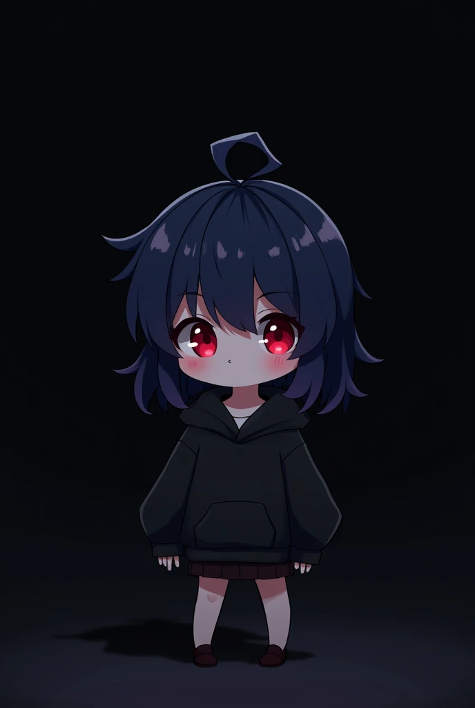  Black background , involved Anime girl , dark blue hair , modern day mullet hair style , black hoodie , red eyes , almond eye , chibi , says "hello!"

