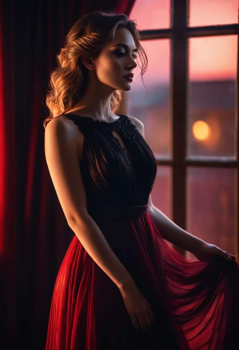 closeup shot, woman in a dress standing in front of a window, romanticism, in evening gown, flowing gown, wearing a flowing dress, mysterious woman, haunting beautiful young woman, wearing a black flowing dress, flowing dress, woman in dress, extremely moody red lighting,