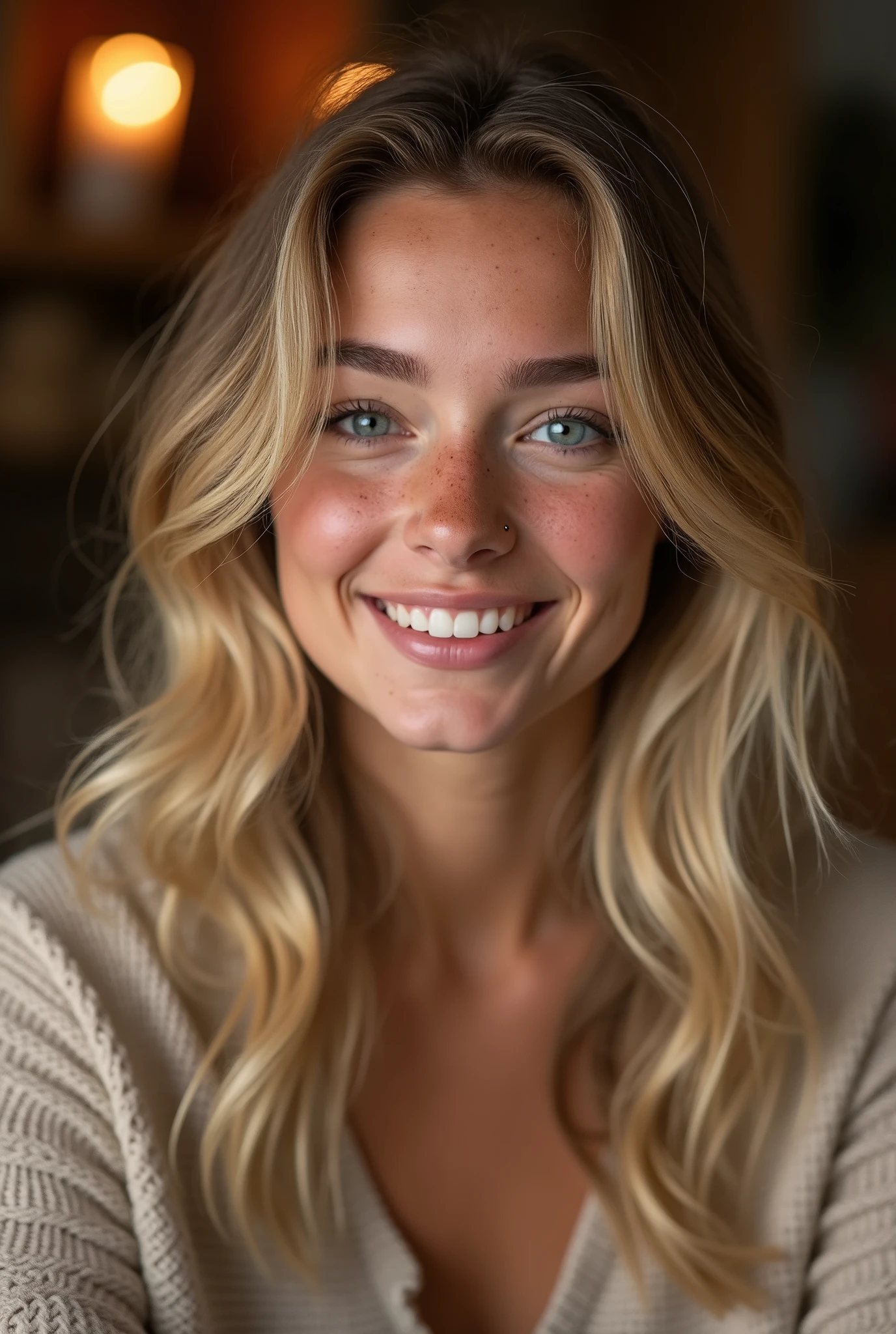 create an influencer,blonde hair,Scandinavian,light eyes,light brown skin,spotty,girl next door,Natural photo, spontaneous photo,55 mm linse, Permissive,at home, Background also sharp,smiling, further away from the camera,candlelight dinner ,natural posture