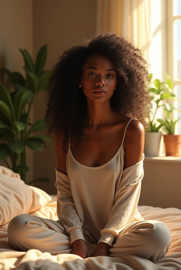 (photorealism:1.2), beautiful Nigerian woman, sitting on bed, wearing loose off-shoulder top, pajama pants, long curly hair, indoors, soft lighting, plants in background, window with sunlight, cozy room, relaxed pose, realistic, intricate details, warm colors, by Greg Rutkowski, by Alphonse Mucha