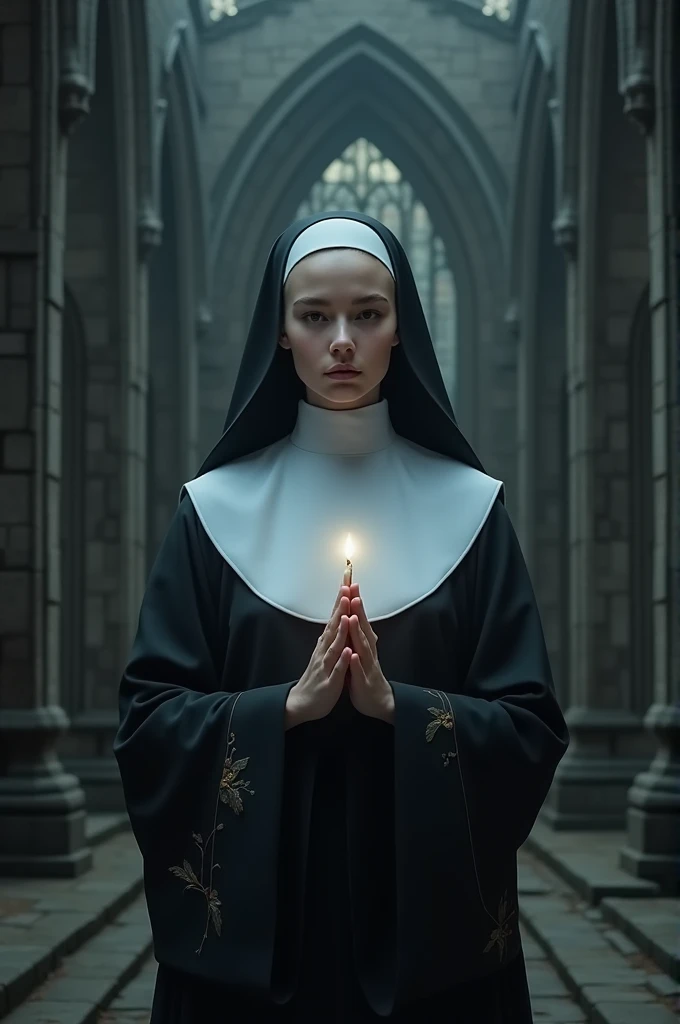 Beautiful nun standing in front of dark church, dark gray background 