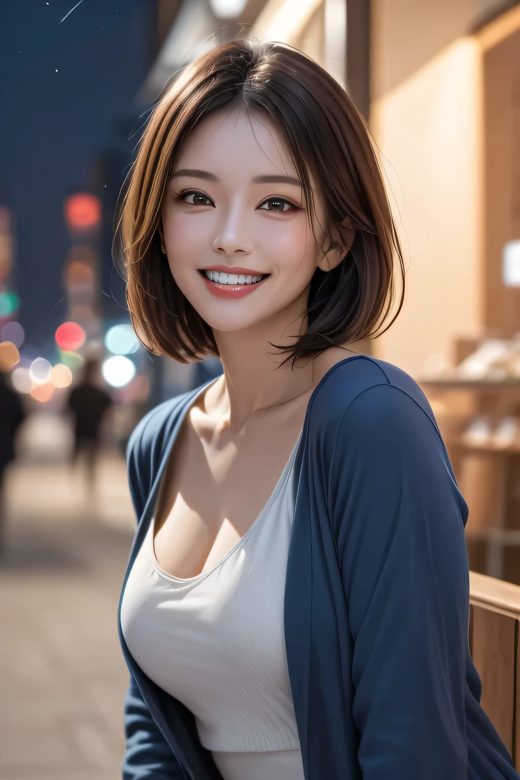 (highest quality, 8k, 32K, masterpiece), (Realistic), (Realistic:1.2), (High resolution), (night:1.7), Japan, cyber punk, 街の景Farbe, In front of the window,Wooden floor, Blue jacket, Grey Shirt, clavicle, jewelry, gem, Brunette Bob, 1 female, 45 years old, (Grin), Beautiful body, beautifulNose, beautifulcharacter design, Perfect Eyes, perfectface, Expressive eyes, View your audience, Center the image, (Cowboy Shot), Official Art, Very detailed CG Unity 8k wallpaper, Perfect lighting,Farbeful, bright_front_face_Lighting,Glowing Skin, (masterpiece:1.0),(Highest_quality:1.0), 超High resolution,4K,Very detailed, photograph, 8k, High resolution, High resolution, absurdes:1.2, Kodak Port 400, Film Grain, Blurred Background, bokeh:1.2, Lens flare, (Vibrant_Farbe:1.2) (beautiful,chest), (beautiful_face:1.5),(narrow_Waist)