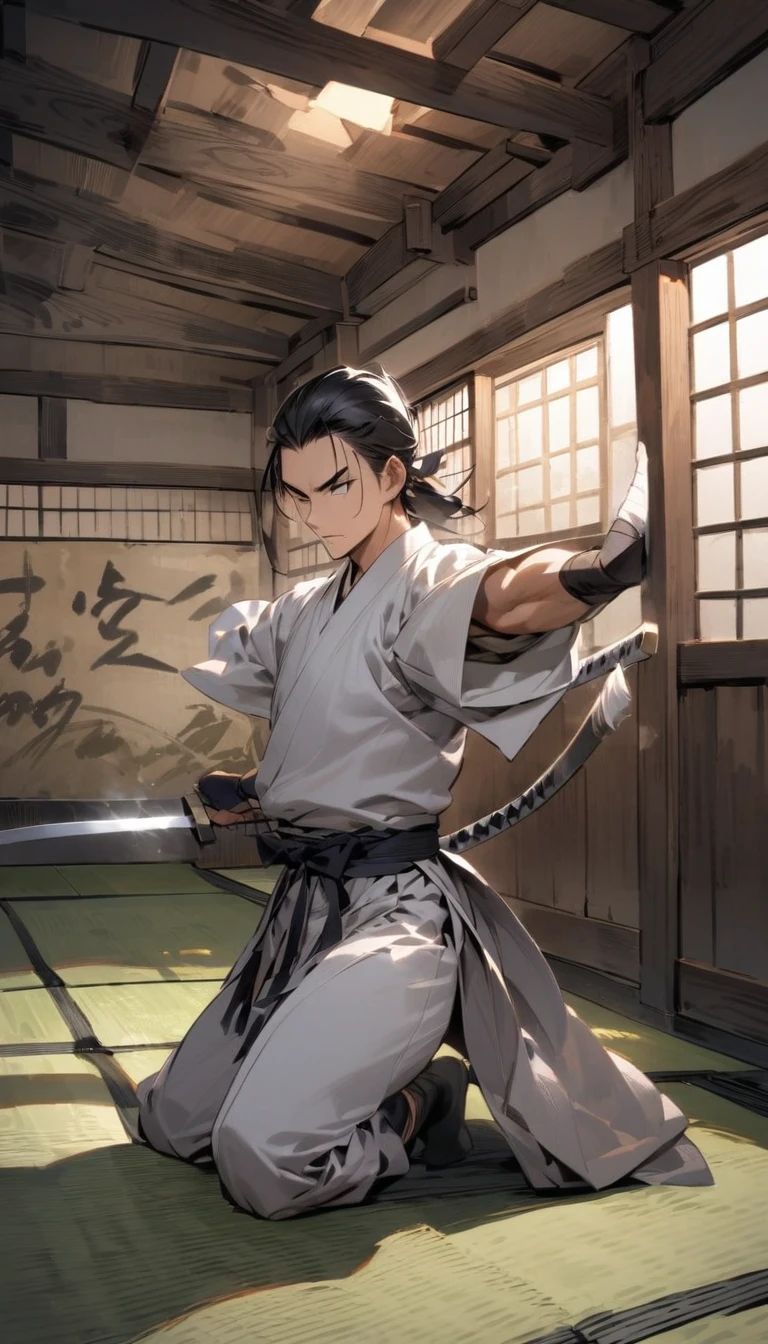 "A samurai practicing sword techniques in a traditional dojo, his movements precise and powerful. The room is lined with tatami mats and wooden beams."