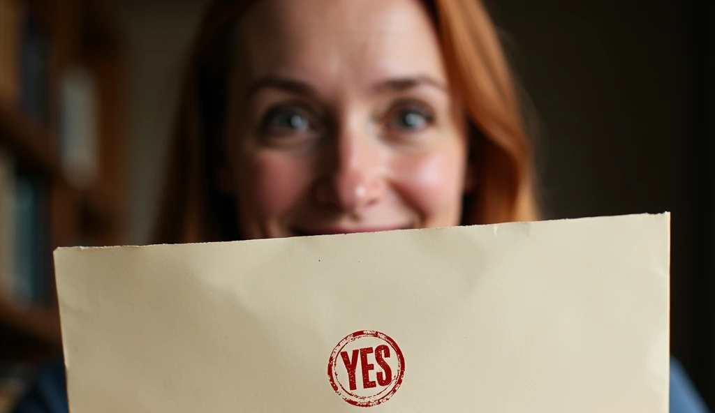 A close-up of a single letter from Bloomsbury with a ‘Yes’ stamped on it, with an image of J.K. Rowling in the background, smiling with tears in her eyes