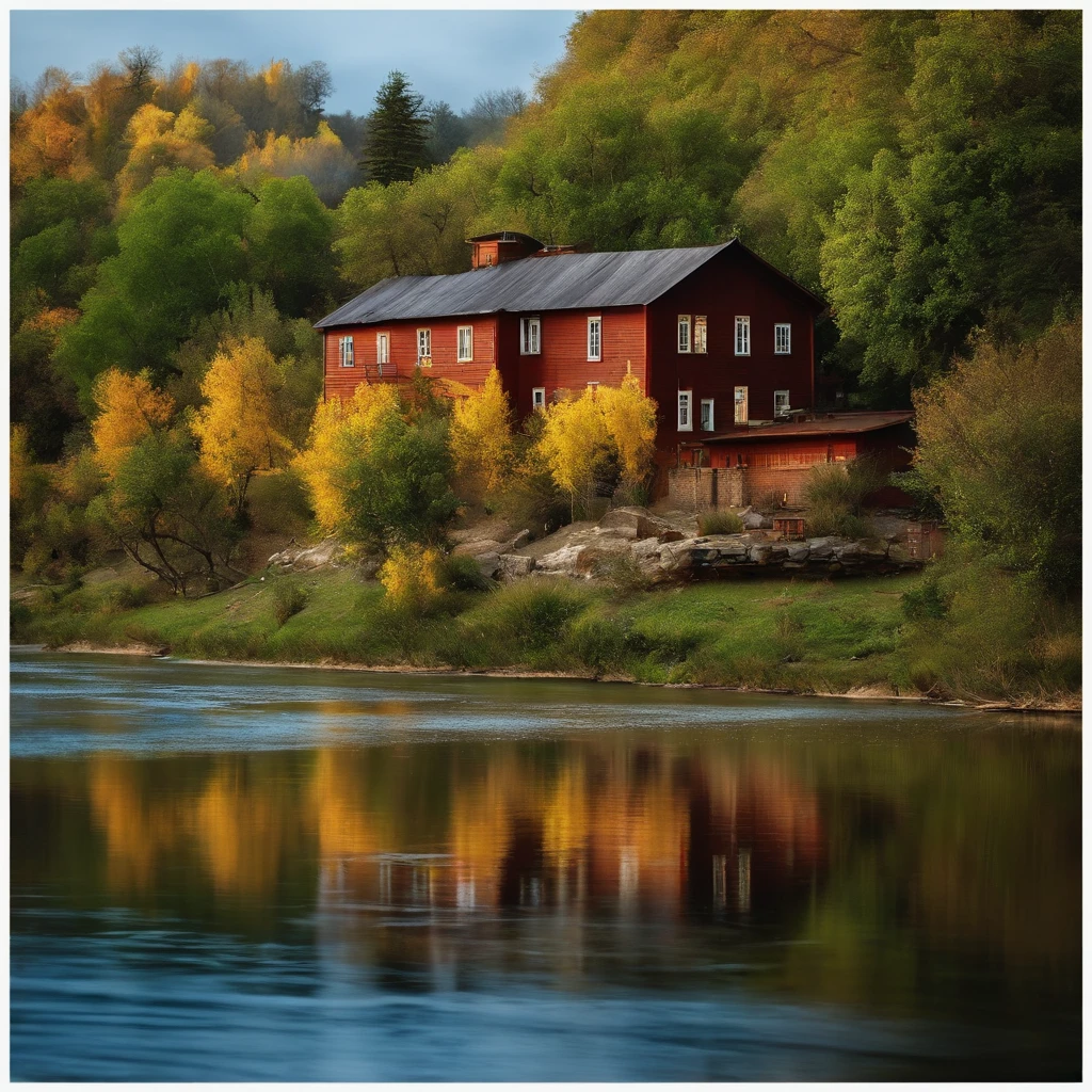 Gilbi style mounted and river and house
