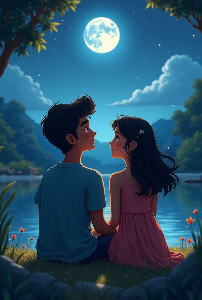 2 friends enjoying the view of moon,the boy name shubham and girl name Ajel 