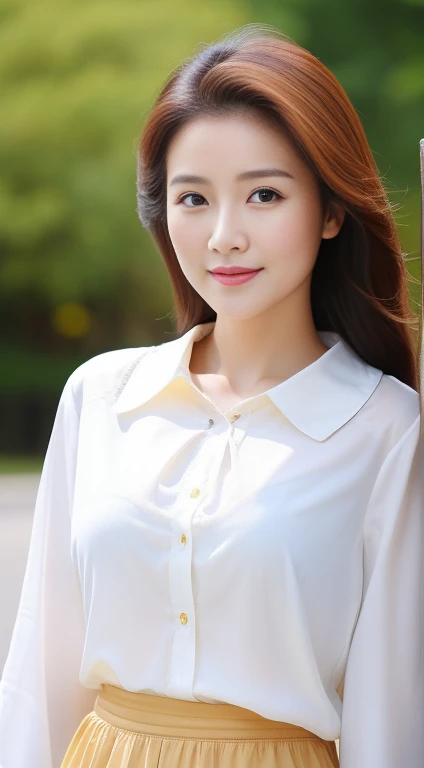 (highest quality, masterpiece:1.2), woman, portrait, good, outdoor 40generation blouse Fine wrinkles Chinese white yellow