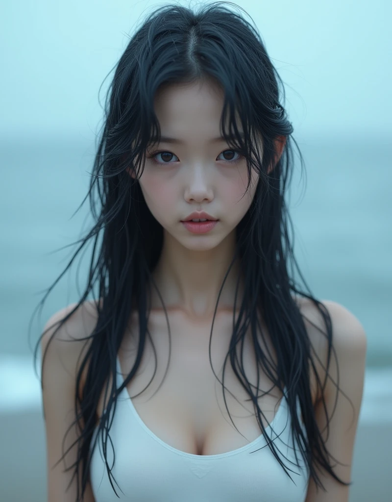 Top quality, one beautiful japanese woman, black color hair , big eyes , A photorealistic image of a young woman with long wet black hair and soft, radiant skin, standing on a beach during a misty morning. she wearing white tanktop with water droplets on her skin, big eyes, black eye,shighlighting her delicate features. Her deep eyes and subtle makeup enhance her natural beauty, complemented by the serene, soft blue background of the sea and sky. The atmosphere is tranquil and slightly moody.