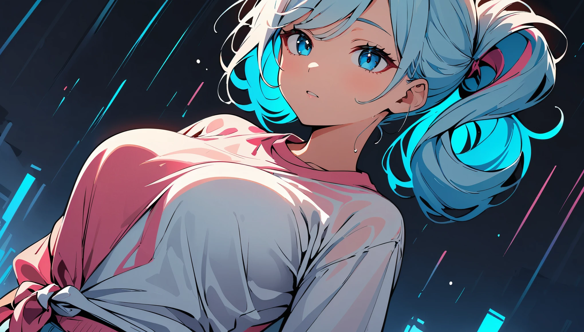 (high quality, 8k, 4K, High Contrast, masterpiece:1.2, 最high quality, Best aesthetics), (Dynamic Angle), ((1 female )), ((Plain and bright background)), ((Flat Color)), (In underwear), Looking at the audience, Upper Body, Transparent Background, Sleepy eyes, High Contrast, Contrasting colors, Cowboy Shot, Pale pink and blue lighting, Long Hair, ((Tied Hair)) , Light blue hair, bright eyeshadow, Cool look, Big Tits, Clothes wet from the rain. Raining background,
Task in progress
