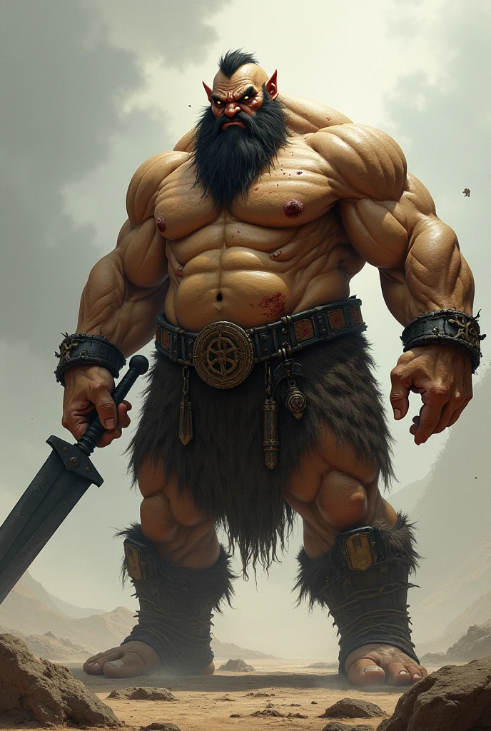 4 meter tall muscular ogre using a black dagger, tan skin, He has some bruises on his body. 