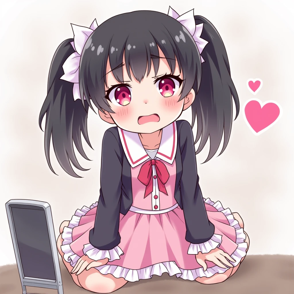 One person, Black Hair,Pink inner color,Half Twin Tail, bangs,Pink Eyes, Droopy eyes,Hearts in eyes, White fluffy hair accessory,Pink hair ribbon, An illustration,skirt,Frills,Mine system,smartphone,Pink Sailor Suit,Dark cardigan,Drooping eyes,Confused eyes,Worried brow,Yandere,Simple background,smartphone,delivery,Illness,Gaze,