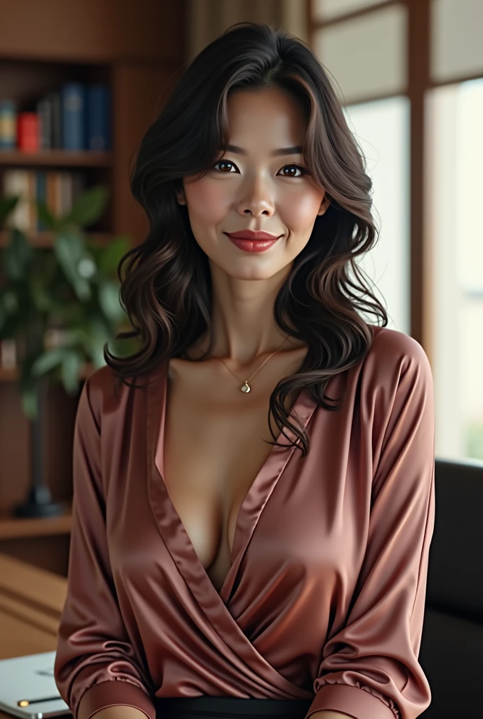 40 years old, Japanese MILF, Satin blouse, Big breasts, Teasing, Open hair, In the office.
