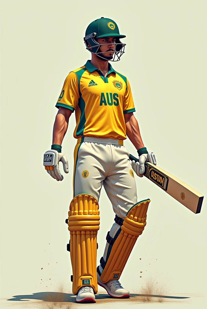 Give me a jersey number of 19,Cricket player with AUS on his jersey, 30 degree front view, The other hand holds a cricket bat drop shadow, anaglyph, stereogram, tachi-e, ass pov, atmospheric perspective, 8k, super detail, best quality