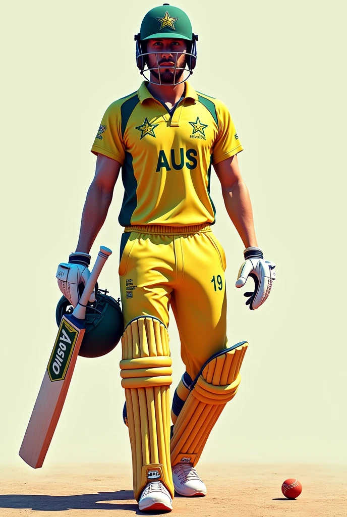 Give me a jersey number of 19,Cricket player with AUS on his jersey, 30 degree front view, The other hand holds a cricket bat drop shadow, anaglyph, stereogram, tachi-e, ass pov, atmospheric perspective, 8k, super detail, best quality