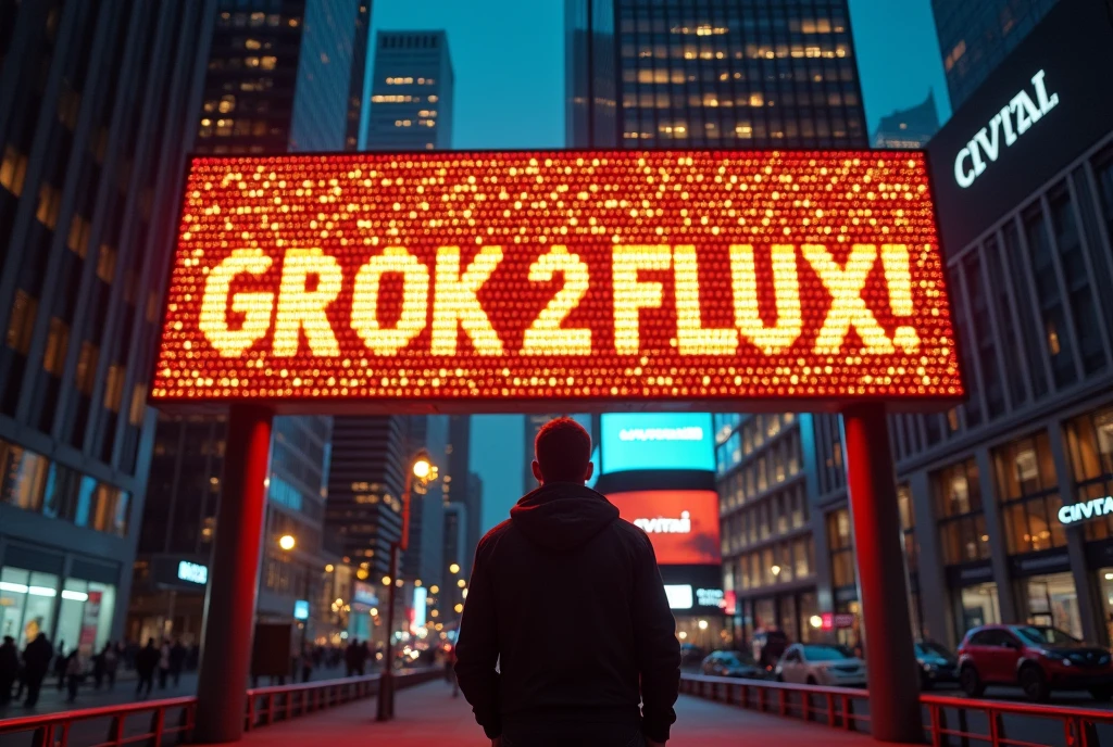 A picture of a man standing in front of a big and illuminated advertising sign, sign is located in a metropolitan city, the sign has two sections, top section says in a big bold orange "GROK 2 FLUX !", bottom section says in small black font " give us your soul to earn buzz", the sign background is made by small stylized lightings, in the background a skycraper with the CIVITAI logo