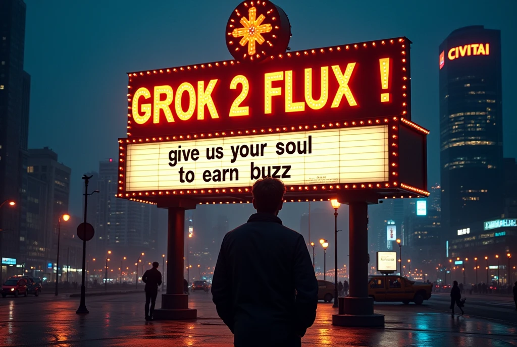 A picture of a man standing in front of a big and illuminated advertising sign,  sign is located in a metropolitan city, the sign has two sections, top section says in a big bold orange "GROK 2 FLUX !", bottom section says in small black font " give us your soul to earn buzz",  the sign background is made by small stylized lightings, in the background a skycraper with the CIVITAI logo