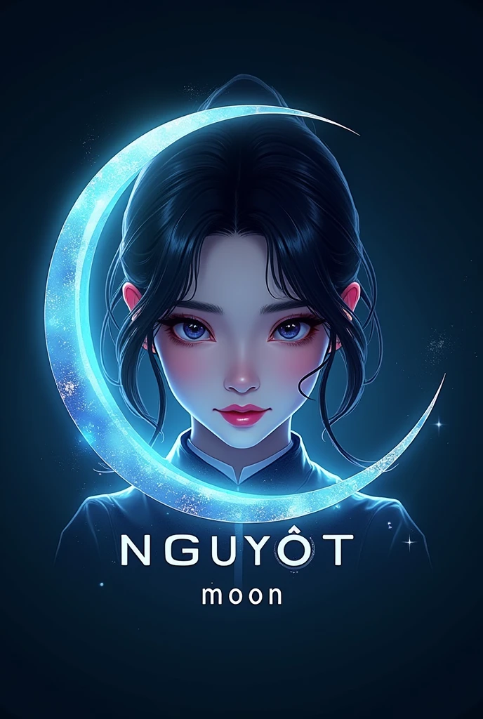 this is a game logo that includes the name" Nguyệt moon " in a futuristic font and the color Blue, the girl with haft moon
