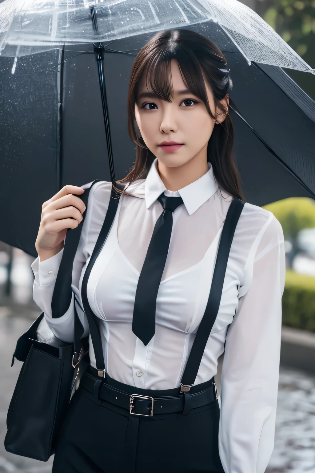 a woman in a suit, belt, hands behind back, sweating, suspenders, black pants, sexly, large breasts, see-through clothing, rain, detective, office worker, white button-up shirt, (best quality,4K,8k,highres,masterpiece:1.2),ultra-detailed,(realistic,photorealistic,photo-realistic:1.37),hyper-detailed,highly detailed face and body, slender thin suspenders Large Breasts See-through shirt Nipples