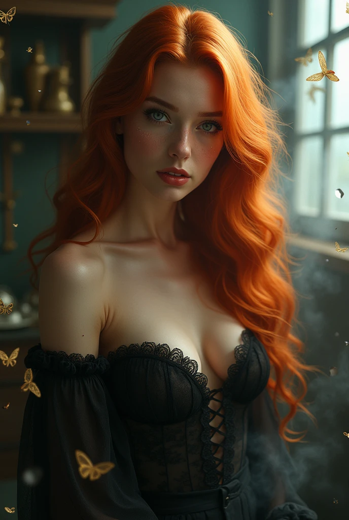 (solo, full body photo:1.3), (action packed:1.3), (haze, fog, mist:1.3), chiaroscuro, best quality, photorealistic, 1woman, (cute), (24yo:1.2), redhead, long ginger hair highly detailed, 1700'S, digital photography, art by artgerm and ruan jia and greg rutkowski surreal painting gold butterfly filigree, broken glass, (masterpiece, sidelighting, finely detailed Fashionable eyes: 1.2) (perfect oval large eyes that gazes at the viewer), beautiful detailed face, blue gorgeous perfect eyes, (blonde hair ponytail), (attractive young woman:1.3), (thick amazing hair), (seductive:1.1), (blushing:1.1)