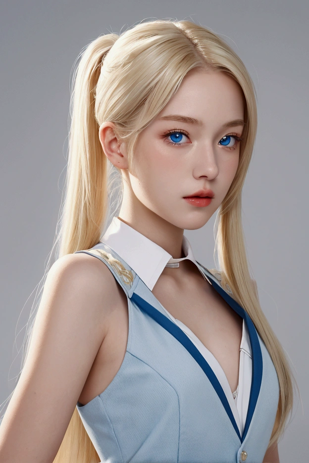 ((best quality)), ((masterpiece)), (detailed), 1girl, perfect face, very attractive beautiful 19 years old, blonde hair, blue eyed girl with blonde hair, her hair is vertical winding roll twin tail, attitude showing dignity, red uniform for woman, alluring breasts, white skin,1 female, 20th generation, High definition, masterpiece, Highest image quality, 8K, Super realistic, modelshot