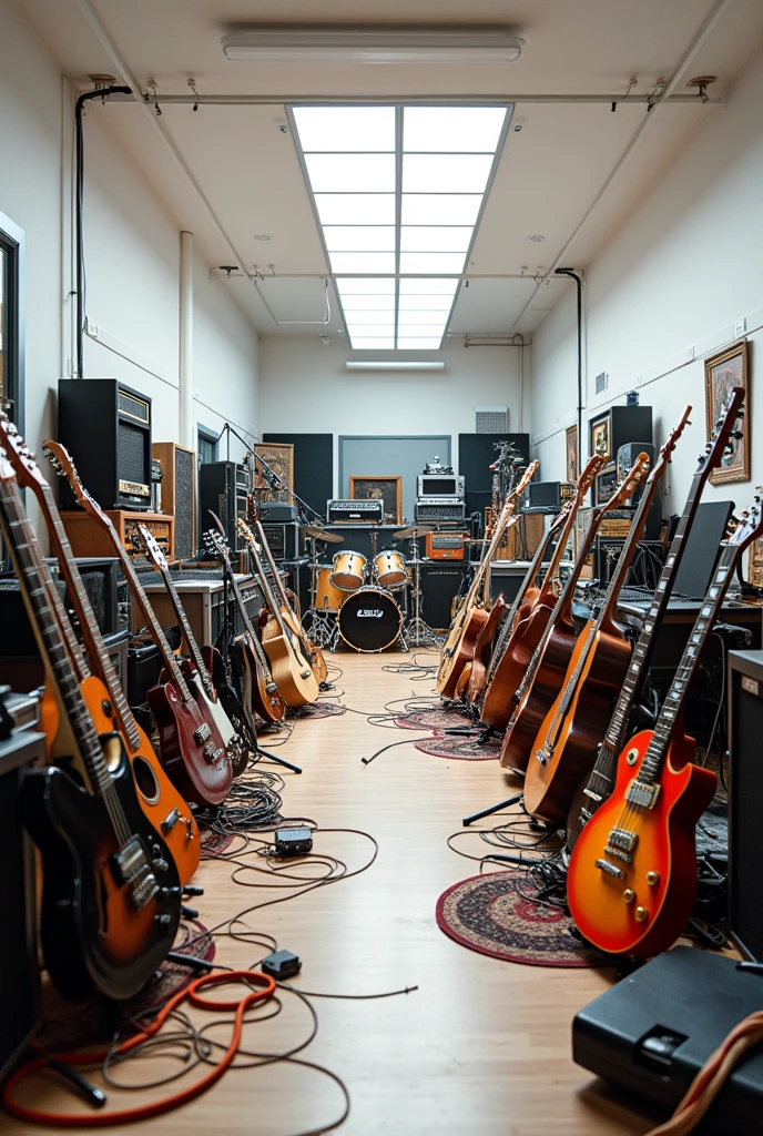 Room full of guitar amps, mic stands, drums, guitar and basses, Random inatrument placement. Landscape picture, In the large recording studio. White studio, solid white wall, overhead lighting