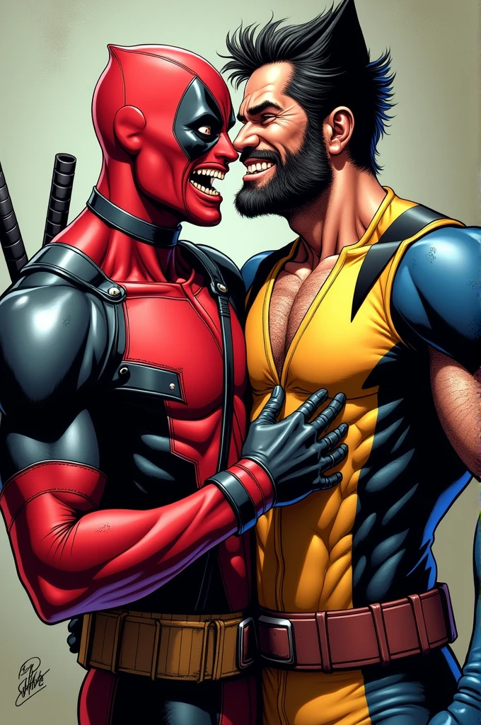 Deadpool is sucking World's cock, and wolverine's dick stood up,worlverine's two hands kept touching his chest