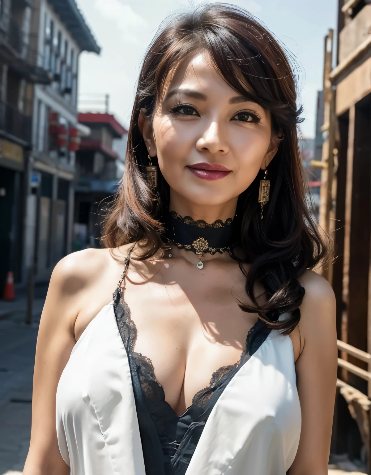 75 years old　Mom　MILF　Korean, Lady　large earring　Big choker　navel piercing decoration　A bracelet　realisitic　Gorgeous Madame Beautiful Mature Woman　sexy　Smile　Gentle woman navel piercing　４K　High quality　サマードレス