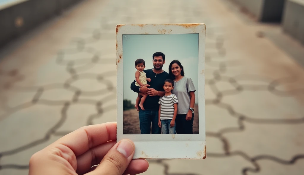 A photograph held by a hand shows a family of four standing together in an outdoor setting, likely on a rooftop or balcony. The family consists of a father, mother, and two children. The father, dressed in a dark shirt, is holding the younger child in his arms while the mother, wearing a light-colored blouse, stands beside him with her hand on the older child's shoulder. The older child, dressed in a striped shirt, stands in front of the mother, slightly leaning against her. The background features a dusty cracked road. The photograph itself is slightly worn, with visible creases and minor damage around the edges