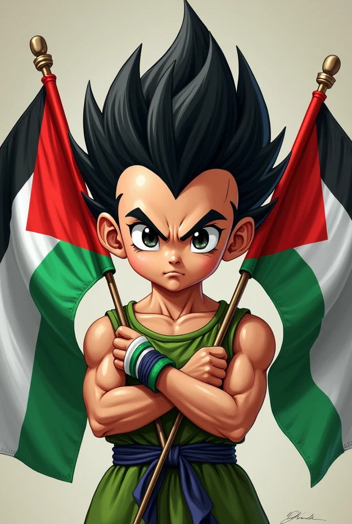 Create a high quality image of a boy named Vegeta holding his hand Palestine Flags🇵🇸