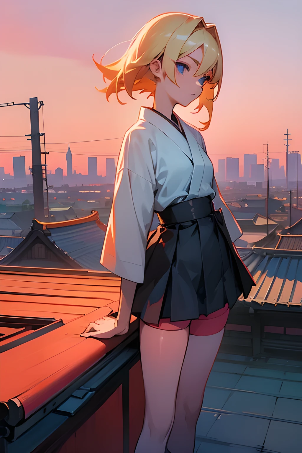 1 girl, Ino Yamanaka, blond hair, pale blue eyes, summer uniform, Japanese summer shirt, short skirt, black knee-high stockings, Masterpiece 1.2, high school rooftop, evening reddish sky,